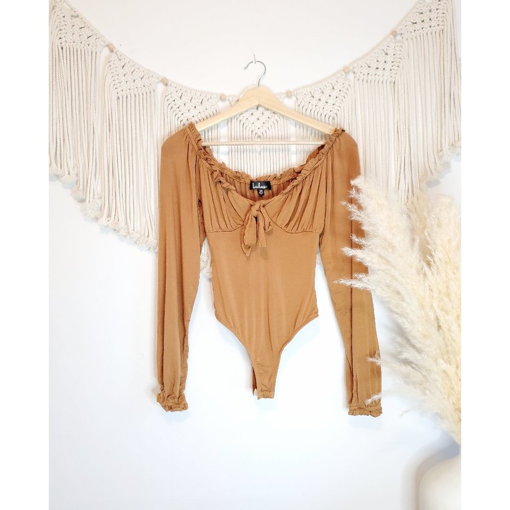 Lulus Burnt Orange Ruffle Tie Bodysuit XS